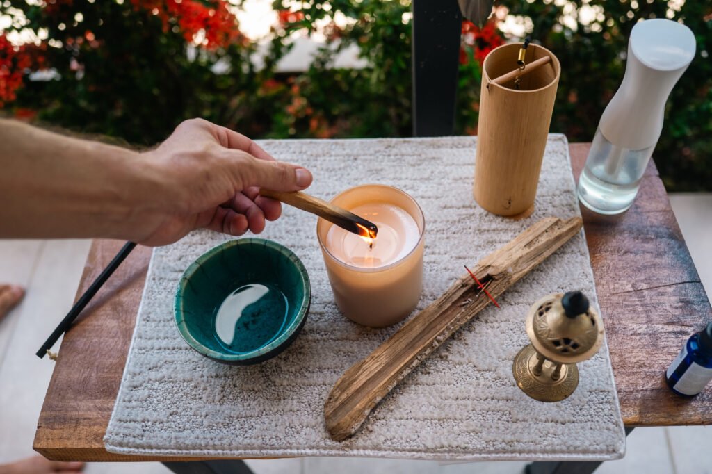 aromatherapy with palo santo outdoors